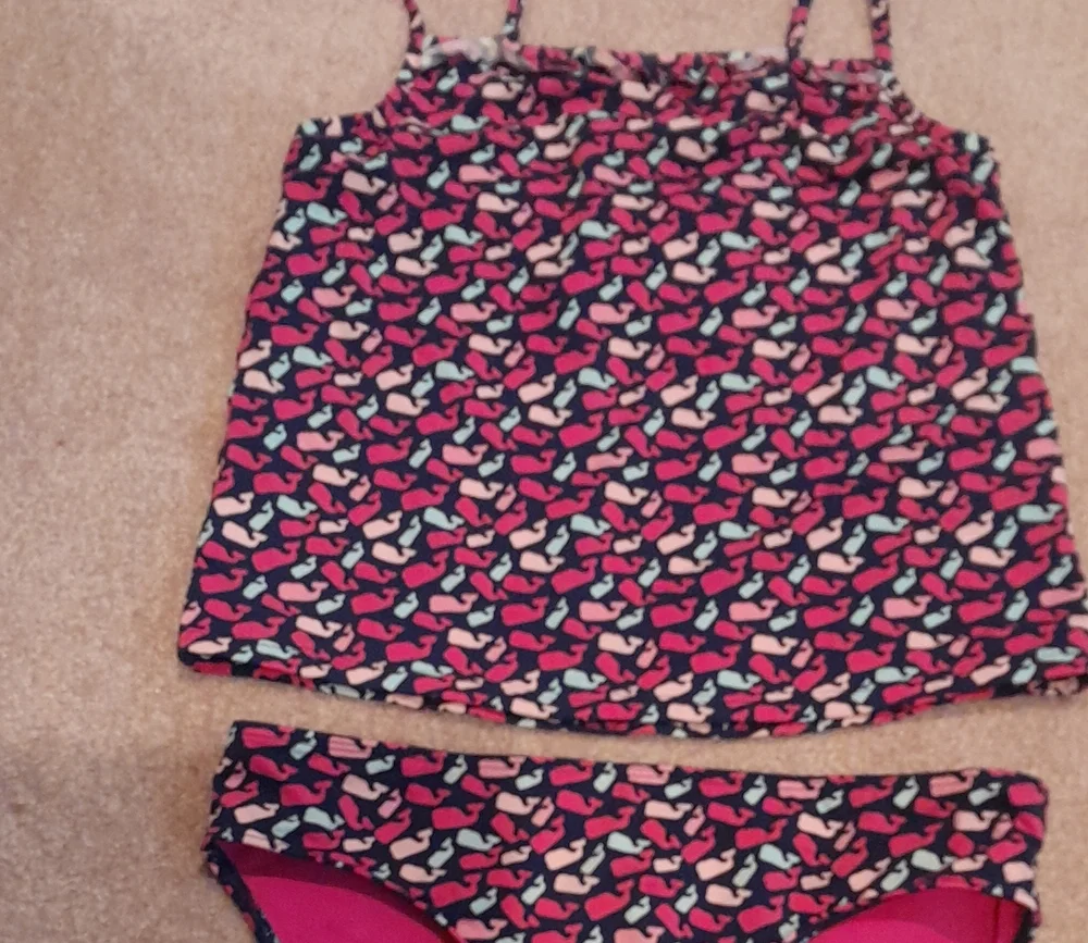 Vineyard Vines Girls Navy Tankini with Pink, Cream & Aqua Whales, Girls L / 14